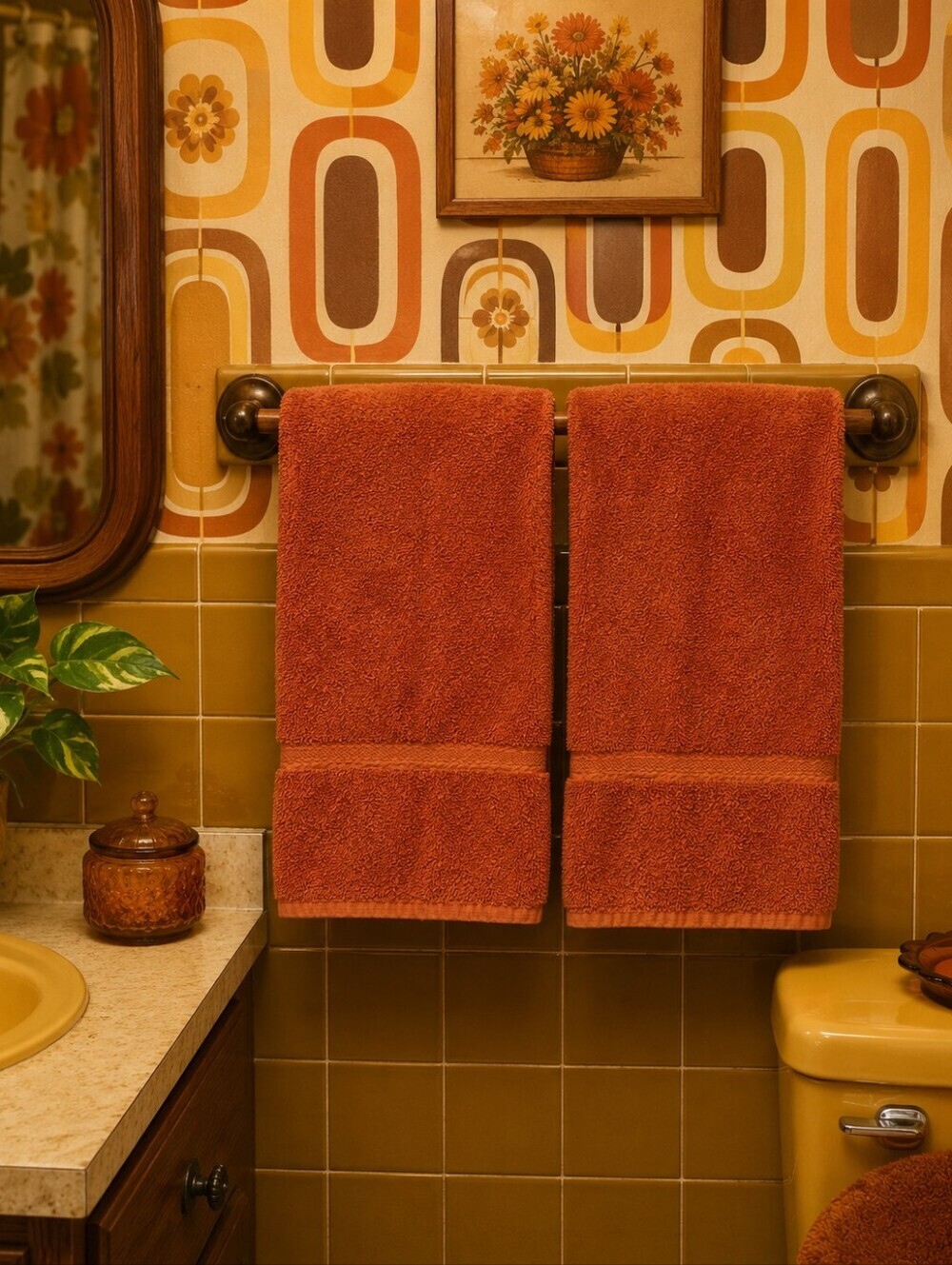 Vintage 70s Martex New Splendor Hand Towel Set of 2 Burnt Orange USA